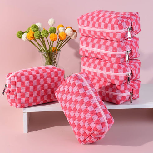 Checkered Makeup Bag, Preppy Bulk Pink Cosmetic Pouch, Personalize Travel Toiletry Organizer for Women