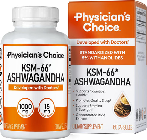 Physician's CHOICE KSM-66 Ashwagandha Root Powder Extract 1,000mg - Organic - with