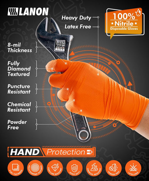 LANON 8mil Orange Disposable Nitrile Gloves, Mechanic, Heavy Duty, Food Safe, Latex Free, Powder Free, Fully-Diamond Textured, XL