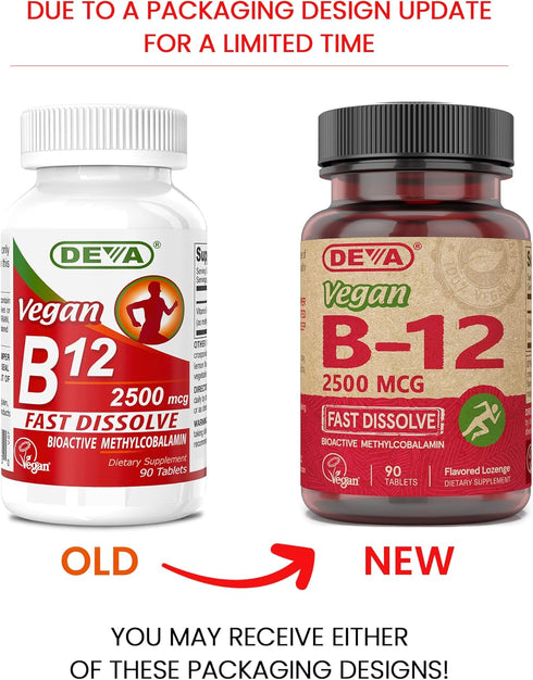 DEVA Vegan Vitamins B-12, High Potency 2500 mcg B12, Fast Dissolve, Sublingual, 90 Tablets (Pack of 2)