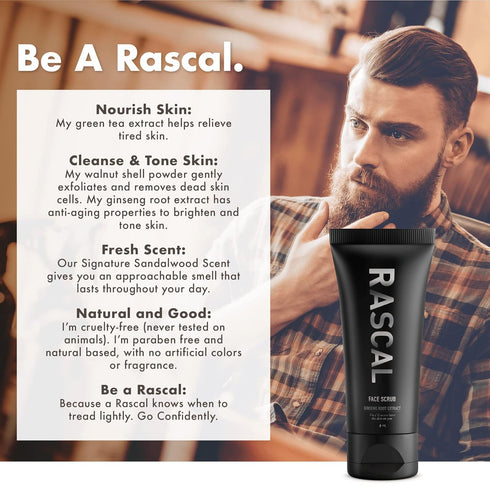 Rascal Men's Face Cleanser - Deep Cleansing Face Wash with Activated Charcoal and Orange Peel Oil, 4 Oz
