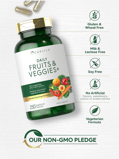 Carlyle Fruits and Veggies Supplement - 250 Capsules with 30 Fruits and Vegetables, Vegetarian, Non-GMO