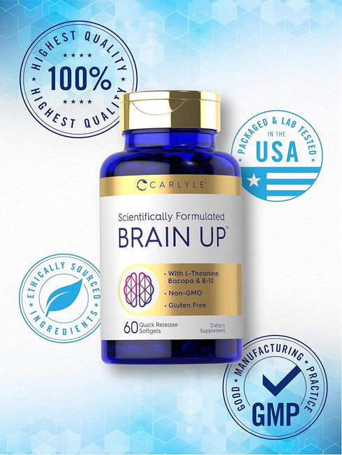 Carlyle Brain Up Supplement | 60 Softgels | with L-Theanine, Bacopa & B-12 | Non-GMO, Gluten Free