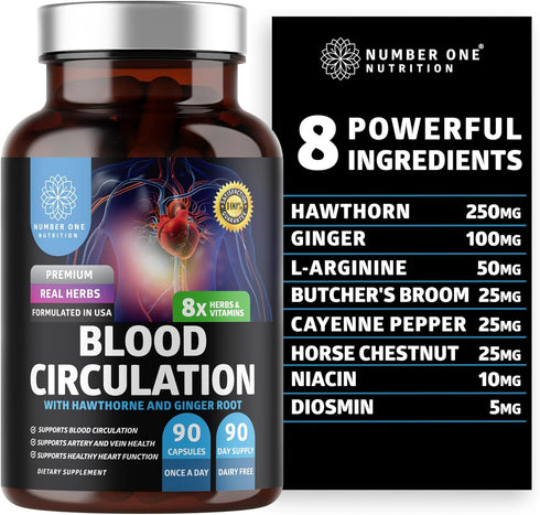 Premium Blood Circulation Supplement for Women and Men, All Natural Blood Flow Support with 8 Powerful Herbs, 90 Caps