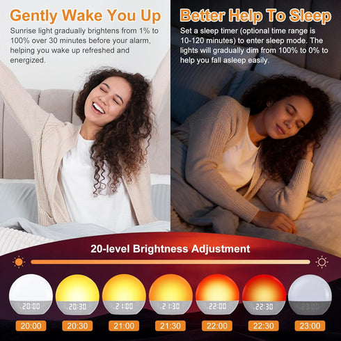 LUMLLSAJI 24 17 Dimmable Sunrise Alarm Clock, White Noise Sound Machine, Gentle Alarm Clocks for Bedrooms, Natural