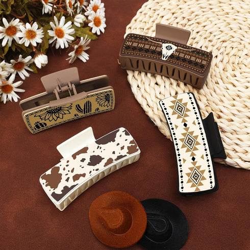 Western Leather Hair Claw Clips, Sunflower Floral Square Claw Clips for Hairstyling, Cowhide Accessories