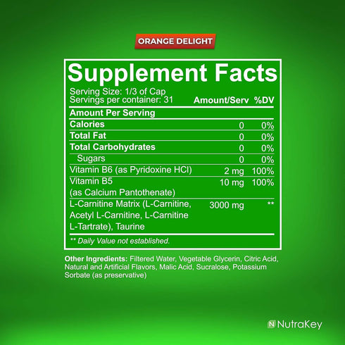 NutraKey L-Carnitine 3000mg | No Sugar, Gluten Free, Orange Delight, 31 Servings