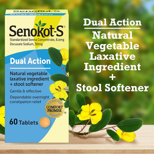 Senokot-S Dual Action 60 Tablets - Natural Vegetable Laxative Ingredient Plus Stool Softener for Constipation