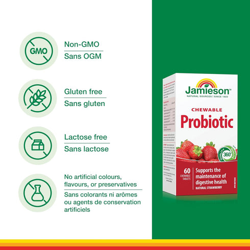Jamieson Probiotic Chewable Tablets, Strawberry Flavour, 60 Tablets
