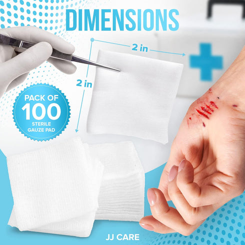 JJ CARE Sterile Gauze Pads 2" x 2" (Pack of 100), 12-Ply Cotton, Individually-Wrapped for First Aid Kit & Wound Care
