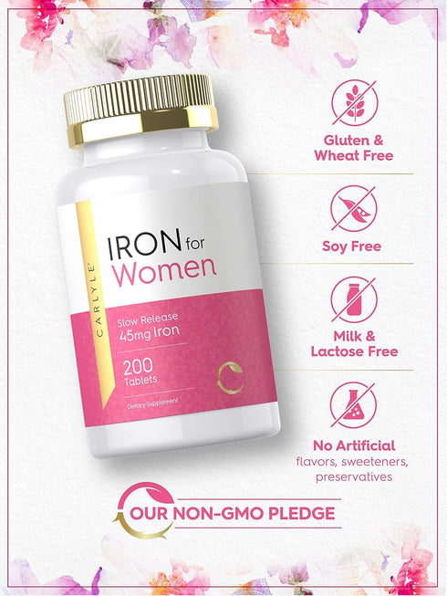 Carlyle Iron Pills for Women - 45mg, 200 Slow Release Tablets, Vegetarian, Non-GMO, Gluten Free