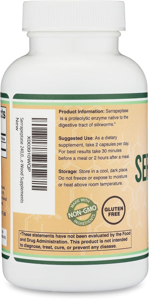 Serrapeptase 240,000 SPU Max Potency, 120 Veggie Capsules - Proteolytic Enzyme for Sinus, Respiratory & Joint Health