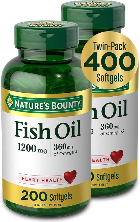 Nature's Bounty Fish Oil Dietary Supplement - 360mg Omega-3, Supports Heart Health, 1200mg, 200 Softgels (Pack of 2)