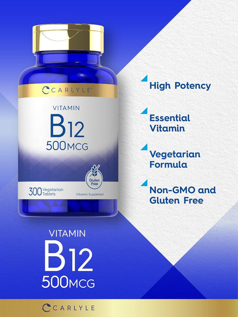 Carlyle Vitamin B-12 500mcg | 300 Tablets | Gluten Free, Vegetarian, Non-GMO Supplement