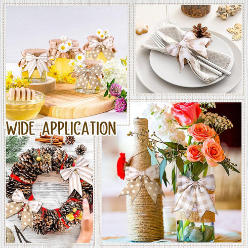 3 Rolls Burlap Wired Ribbons, 2.5 Inch x 15 Yards, Plaid Wrapping, Striped Gingham for DIY Crafts, Home Decoration