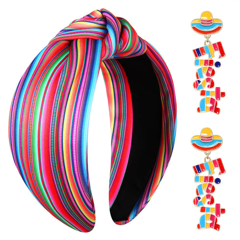 Mexican Headband for Women - Cinco De Mayo Fiesta Pinata Cactus Sombrero Knotted Wide Top Knot Hair Accessory