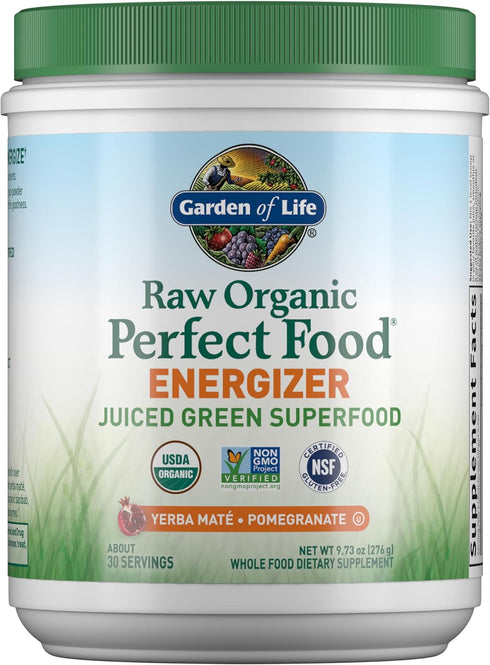 Garden of Life Raw Organic Perfect Food Energizer Juiced Green Superfood Powder - Yerba Mate Pomegranate, 30 Servings,