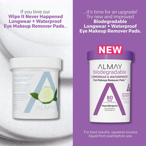 Almay Biodegradable Makeup Remover Pads, Longwear & Waterproof, Hypoallergenic, 2 Pack