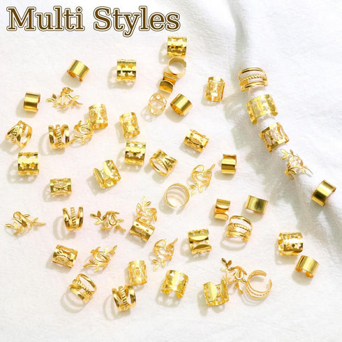 NAISKA 50Pcs Gold Hair Jewelry - Adjustable Hair Rings and Non-Piercing Ear Cuffs for Women and Men