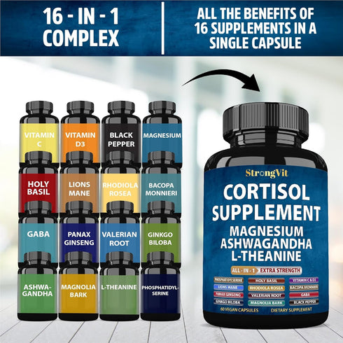 StrongVit Cortisol Supplements for Women and Men with Magnesium, Ashwagandha & L-Theanine. High Cortisol Reducer