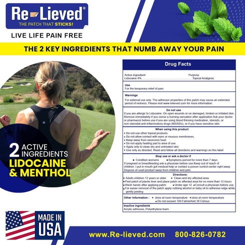 4% Lidocaine & 1% Menthol Pain Relief Patches - Maximum Strength Medicated Stick-on Patches for Joint & Muscle Pain (6