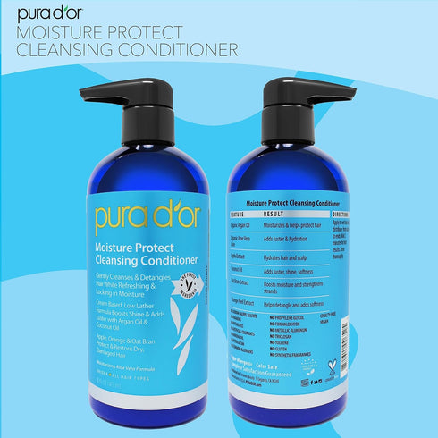 PURA D'OR Moisture Protect Cleansing Conditioner - 16 Oz - Low Lather, Detangles & Restores Hair with Argan Oil,