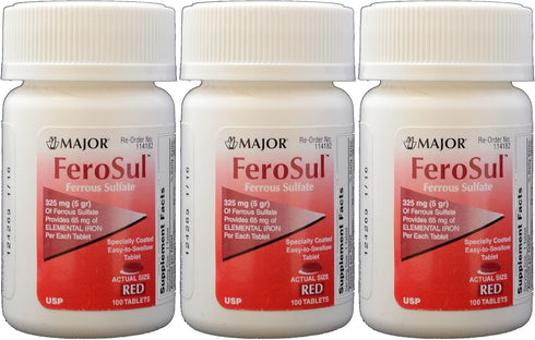Ferrous Sulfate FC 325mg (5GR) | Generic for Feosol Red Tablets | 100 Tablets per Bottle | 3 Pack Total 300 Tablets