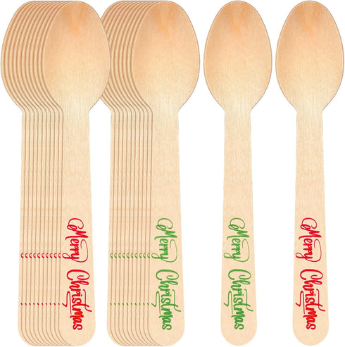 100 Pack Christmas Disposable Wooden Spoons, Merry Christmas Pattern for Cake, Hot Chocolate, Ice Cream