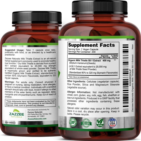 Zazzee Organic Milk Thistle 50:1 Extract, 20,000 mg Strength, 200 Vegan Capsules, 80% Silymarin Flavonoids, Non-GMO