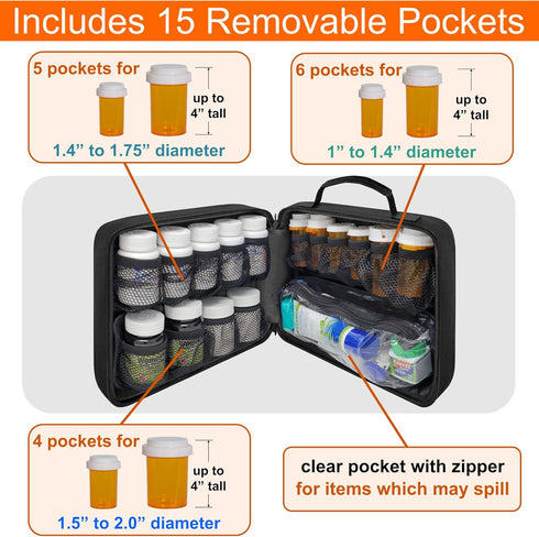 Large Padded Modular Pill Bottle Organizer, Medicine Bag, Case, Carrier for Medications, Vitamins, and Medical Supplies