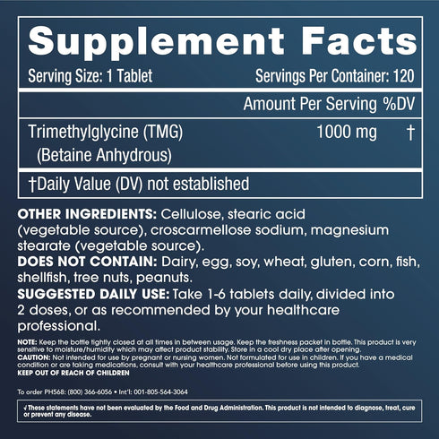 ProHealth Longevity TMG Supplements, 1,000 mg Betaine Anhydrous, 120 Tablets for Methylation Support