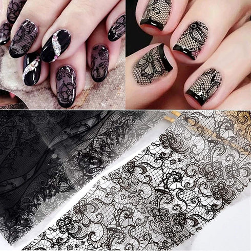 Holographic Nail Foil Transfer Stickers, Black White Lace Laser Foils for Nail Art Supplies, 10 Rolls
