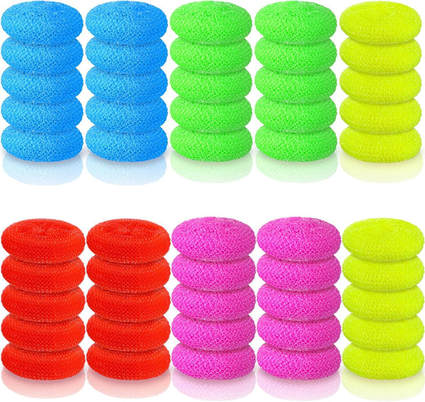 Uiifan 50 Pcs Plastic Dish Scrubbers, Nylon Round Scrubber Scouring Pad for Kitchen Cleaning, 5 Colors