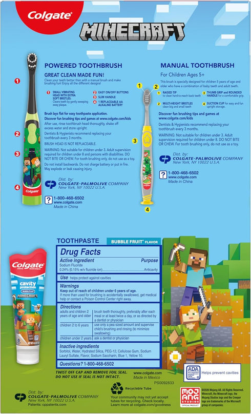 Set, 2 2 Colgate Kids Minecraft Toothbrush and Kids Toothpaste Gift Includes Minecraft-Themed Battery Toothbrush
