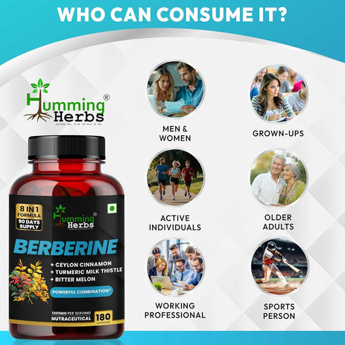 Humming 1300 8in1 180 Herbs Berberine Supplement Mg Formula with Ceylon Cinnamon, Milk Thistle, Curcumin, Bitter Melon