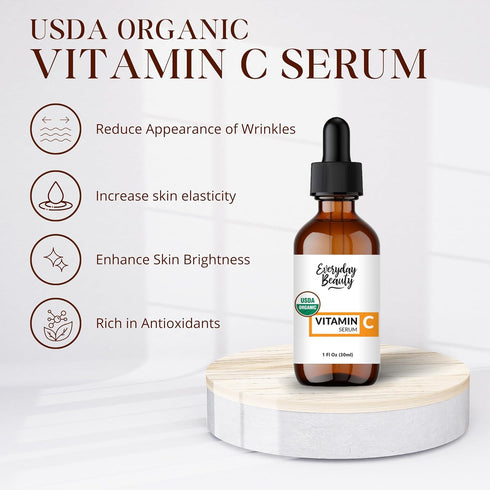 Organic Vitamin C Serum for Face - USDA Certified Anti Aging Facial Serum for Fine Lines & Wrinkles - 1 Fl Oz Glass