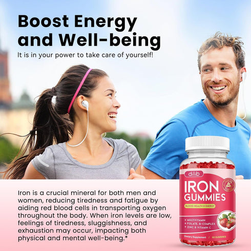 Gummies B12, 60 Gummies Iron with Multivitamin, Iron Supplement for Women & Men with Zinc, Vitamin B Complex & C