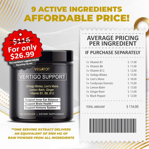 VEGATOT Vertigo Supplement 8,580MG - Inner Ear Support with Ginkgo Biloba, Lion's Mane, Ginger, Vit B1, B6, B12