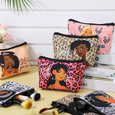 24 Pcs Black Woman Makeup Bag, African American Toiletry Bag, Zipper Cosmetic Pouch, Inspirational Gifts
