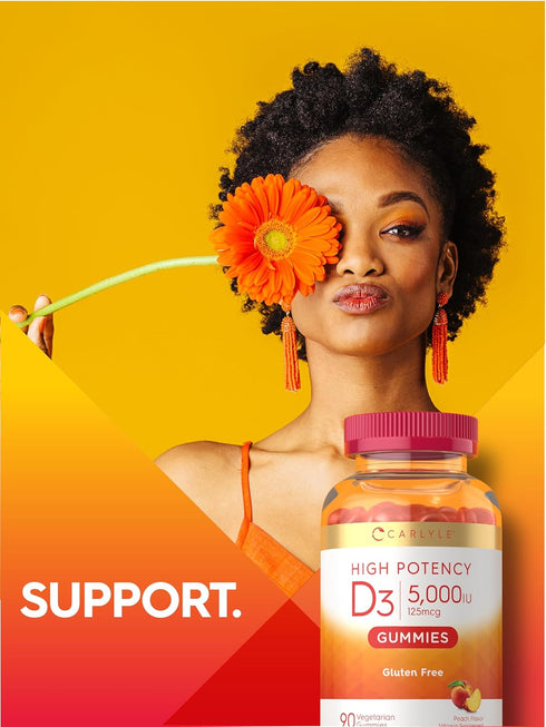 Carlyle Vitamin D3 Gummies, 90 Count, High Potency, Vegetarian, Non-GMO, Gluten Free, Peach Flavored