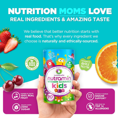 Nutracelle NUTRAMIN Sugar-Free Vegan Gummy Multivitamins for Kids, 90 Count Bottle