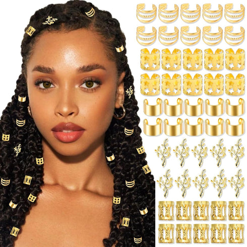 NAISKA 50Pcs Gold Hair Jewelry - Adjustable Hair Rings and Non-Piercing Ear Cuffs for Women and Men