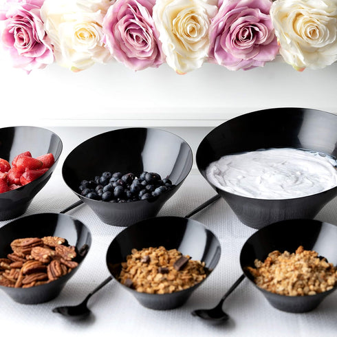 Plasticpro Disposable Angled Plastic Serving Bowls, Heavy Duty Round Snack or Salad Bowls, Elegant Black, Pack of 4