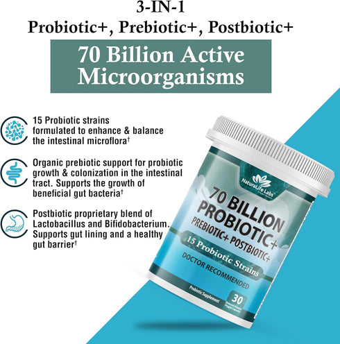 Probiotics 70 Billion CFU - 15 Strains + Organic Prebiotic - Supports Digestive & Immune Function