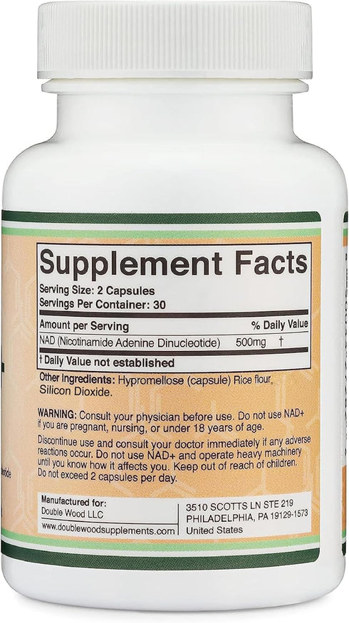 NAD Supplement - 500mg of 95% Pure NAD+ Per Serving, 30 Day Supply - Vegan Safe, Non-GMO by Double Wood