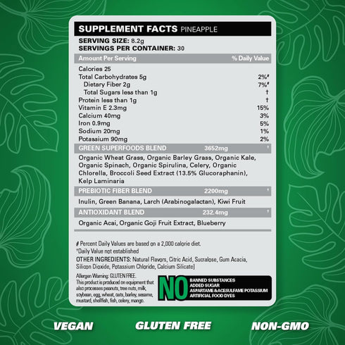 EHP Labs OxyGreens Super Greens Powder - Spirulina & Chlorella Superfood, 30 Serves (Pineapple)
