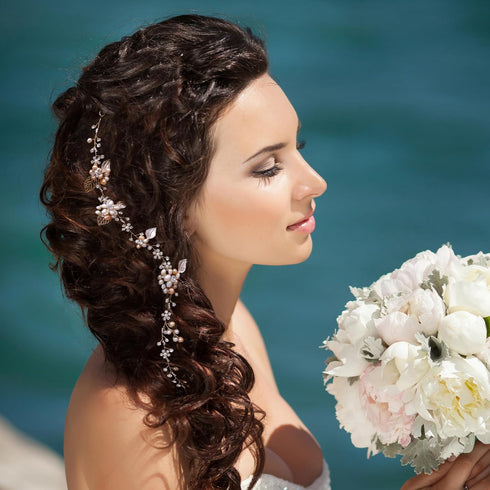 Oriamour Bridal Crystal Headband with Freshwater Pearls, Flower Design Wedding Hair Accessories (Gold)