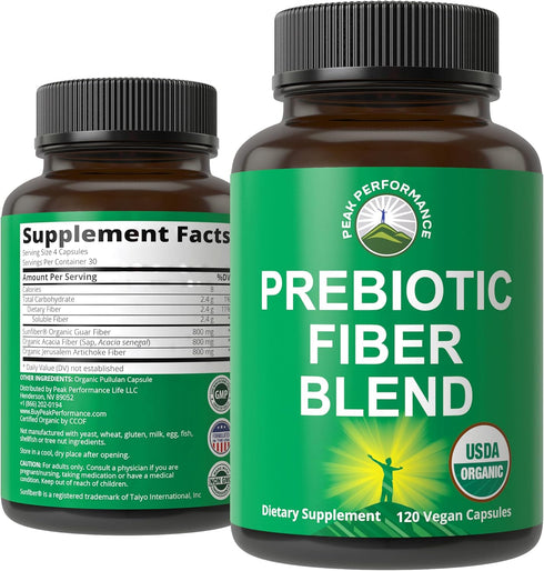 USDA Organic 3-in-1 Prebiotic Fiber - Vegan Capsules for Gut and Digestive Health with Inulin and Acacia Fibers