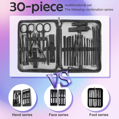 Manicure Set 30 In 1 Personal Care Grooming Kit with Luxurious Travel Case, Nail Clippers for Men (Black)
