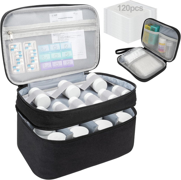 Medicine Organizer Bag, Dual Layers Pill Bottle Organizer Storage Bag with Adjustable